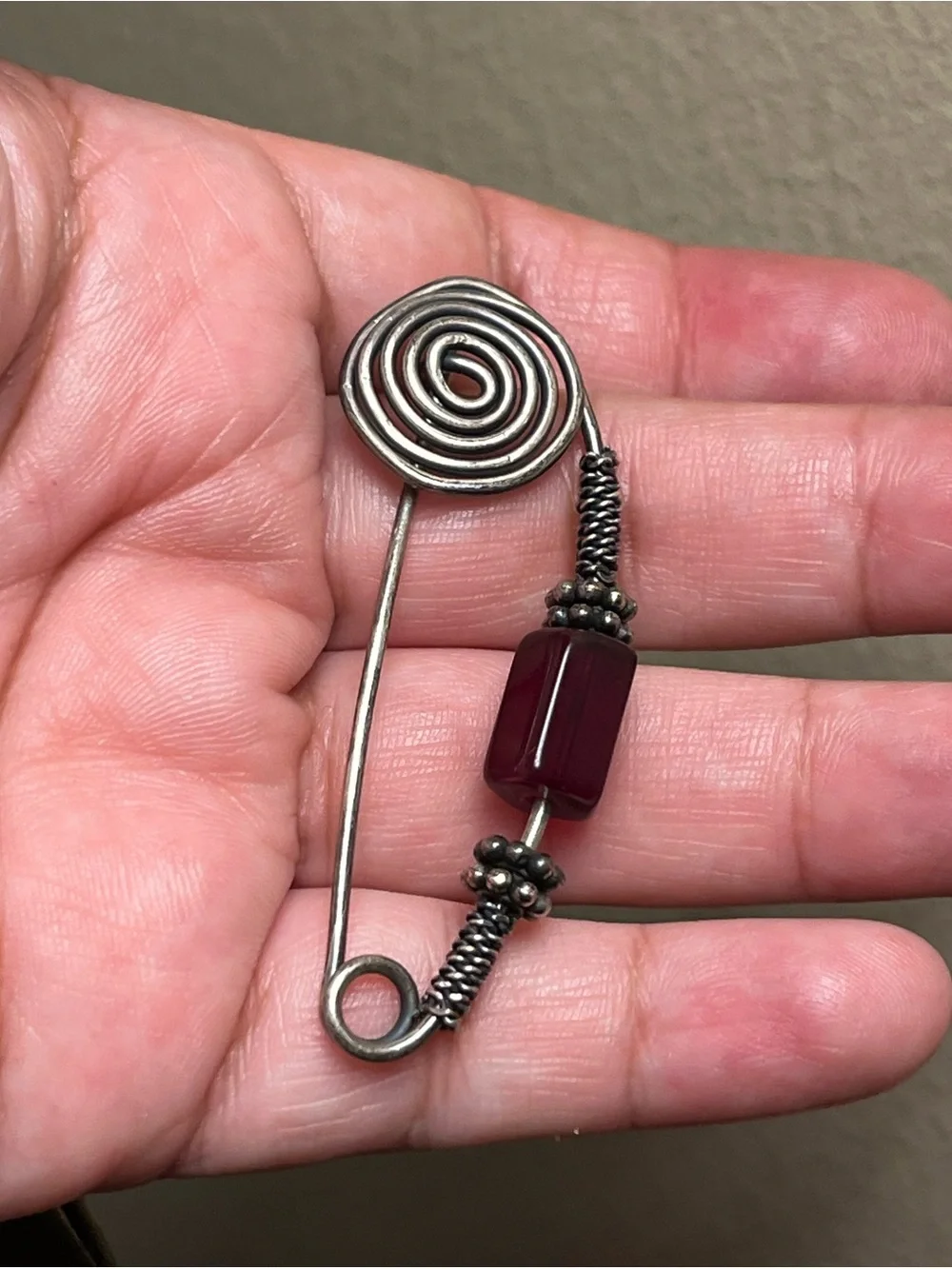Handmade Silver tone  Wire Pin brooch  with Burgundy Glass Bead Vintage